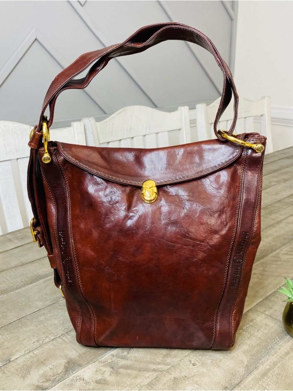 Vintage MARINO ORLANDI Leather Sling Bag Embossed Hobo Handbag ITALY BROWN